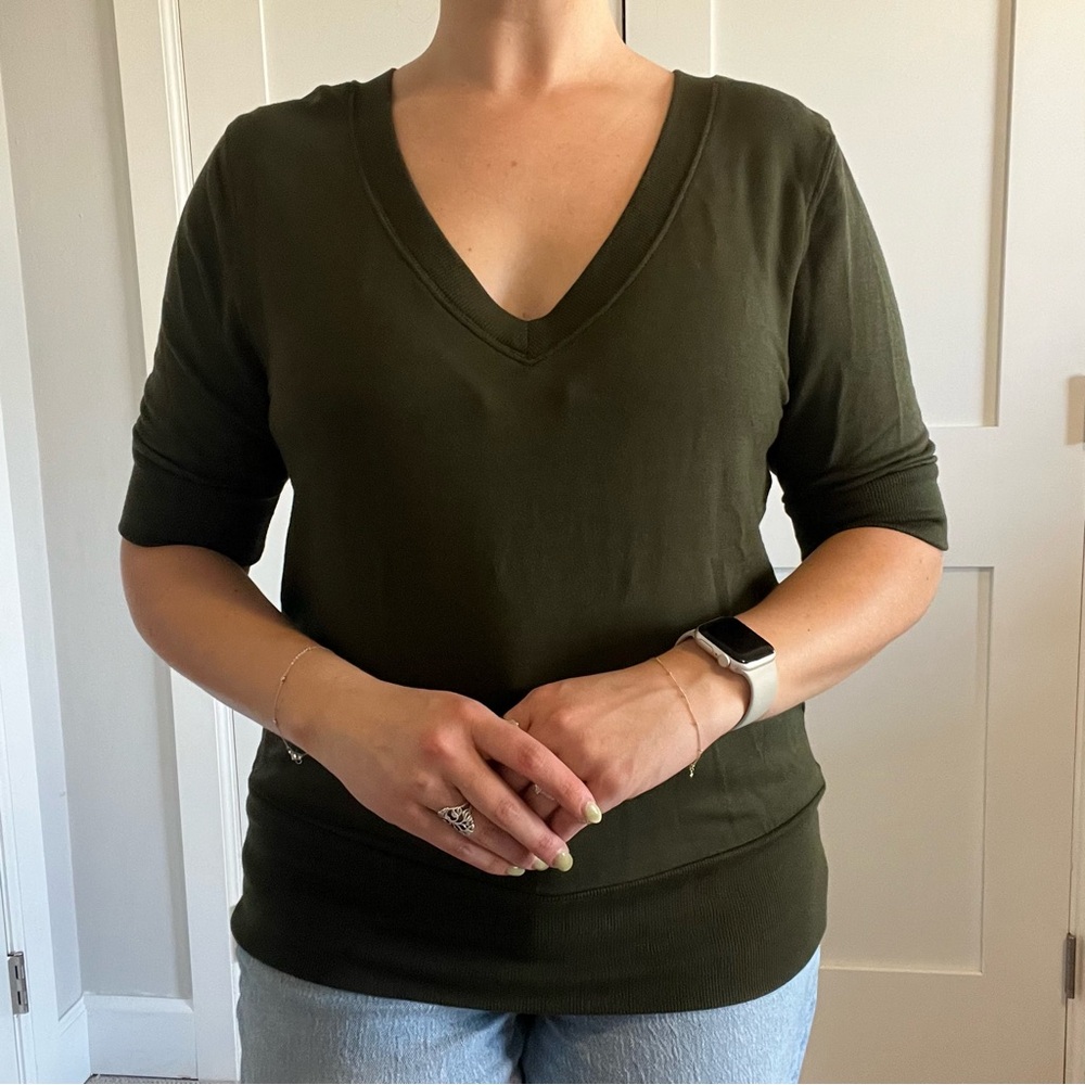 Athleta Olive Green Knit V-Neck Top - Medium